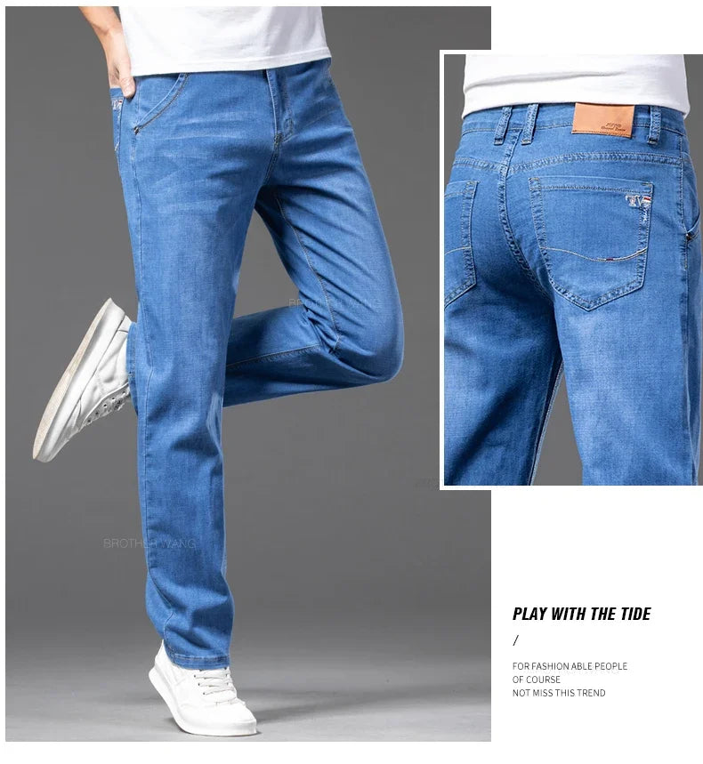 Sommer Dünne männer Gerade Jeans Klassische Schwarz Blau Stretch Casual Business Baggy Denim Hosen Männliche Marke Hosen.