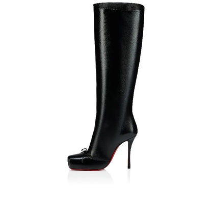 European and American Fashion Niche High-heeled Square Toe Side Zipper Knee High Bow Boots Women's Versatile Banquet Shoes.