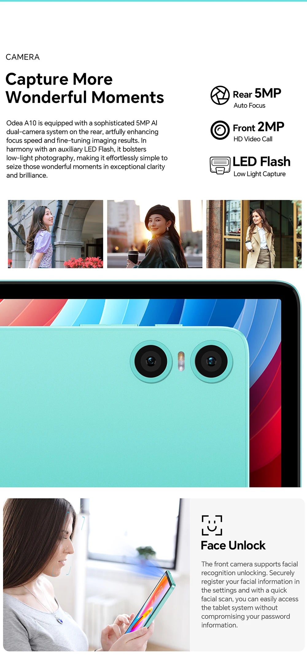 Odea A10 Tablet 10.1" IPS Android 14 T606 Octa-core Max 12GB(4GB+8GB) RAM 128GB ROM Type-C Widevine L1 Earphone Jack Face Unlock.