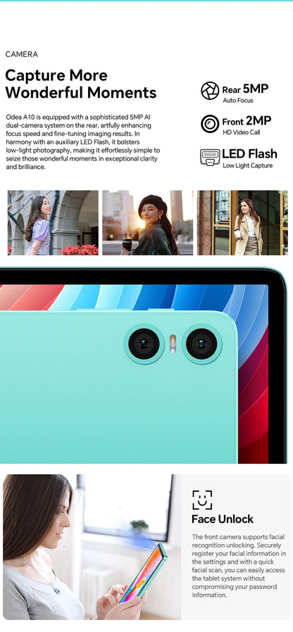 Odea A10 Tablet 10.1" IPS Android 14 T606 Octa-core Max 12GB(4GB+8GB) RAM 128GB ROM Type-C Widevine L1 Earphone Jack Face Unlock.