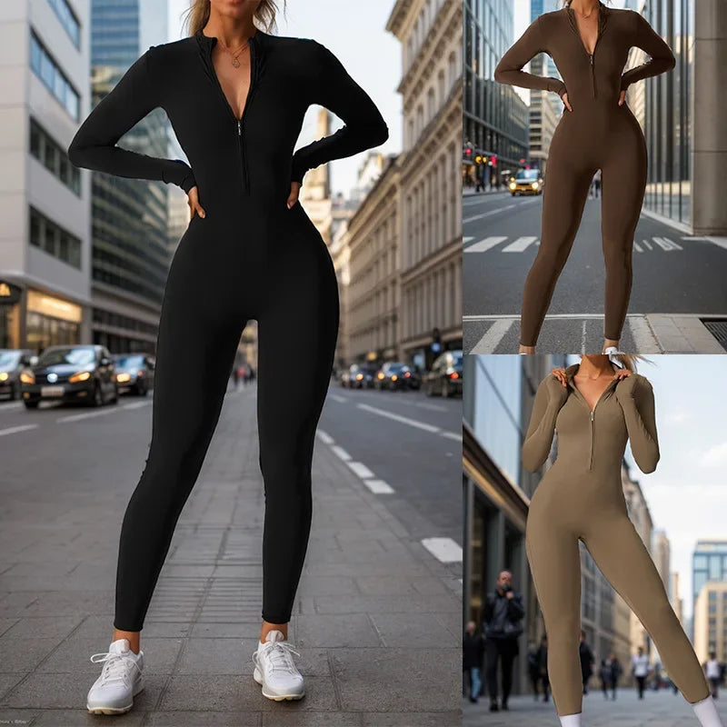 European And American Cross-Border Autumn Winter Zipper-Up Long Sleeve Yoga Onesie Women's Sports Fitness Seamless Bodysuit.