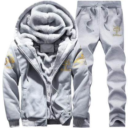 2024 New Winter Thick Men Sports Suit Tracksuit Hooded Sportswear Zipper Cardigan Hooded Woolen Trousers Pants Casual Men Set.
