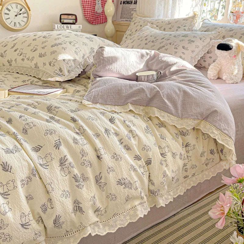 2025 new small fresh printing French lace lace double four-piece set bedding wrinkled yarn student three-piece set