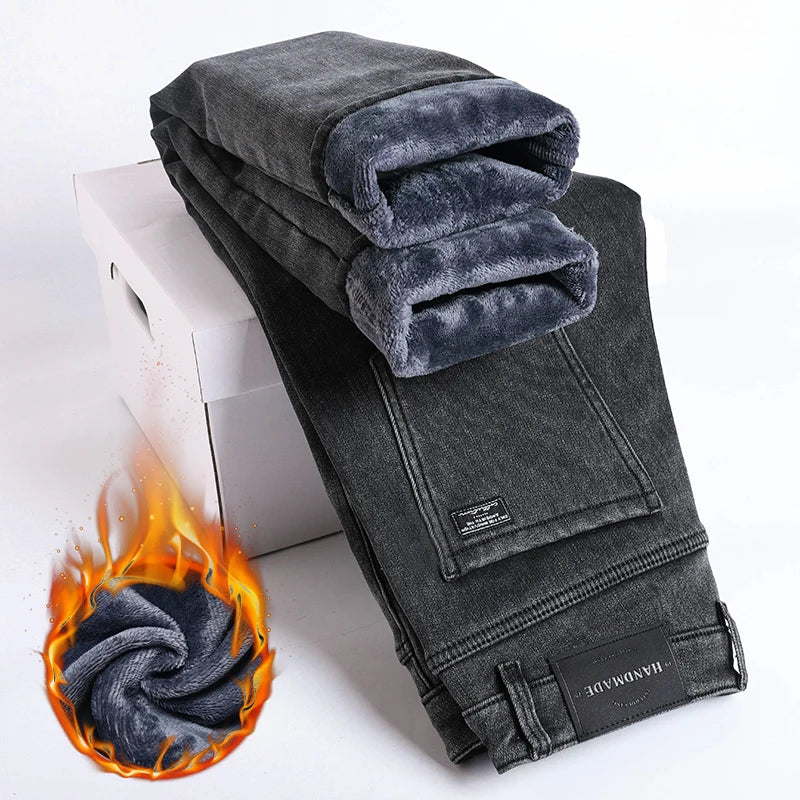 Winter Fleece Thick Warm Jeans Men's Slim Straight Elastic Denim Pants Casual Male Clothing Fashion Plush Trousers.