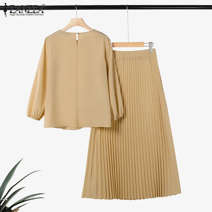 Fashion Muslim Sets Women 2PCS Outfits ZANZEA Elegant Long Sleeve Blouse Dress Suits Casual Solid Tracksuits Loose Matching Sets.