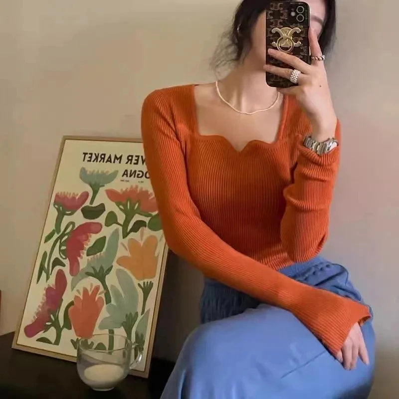 Gestrickte Pullover Frauen Vintage Solide Pullover Herbst Winter Koreanische Elegante Dünne Strickwaren Quadrat Kragen Alle Spiel Jumper Neue.