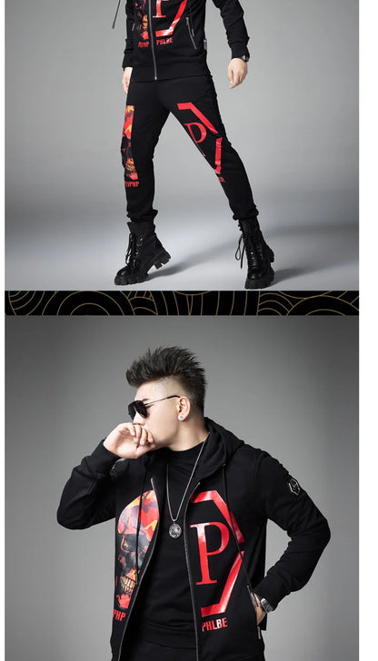 2024 Mens Two Piece Sets Fashion Streetwear Casual Winter Suits Skull Pattern Hooded Black Tracksuit Men Clothes Ropa De Hombre.