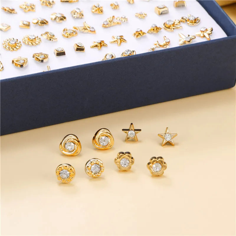 100 Pair/Lot Small Mini Stud Earring Set For Girl Love Star Animal Geometric Random Female Wedding Party Ear Jewelry Accessories.