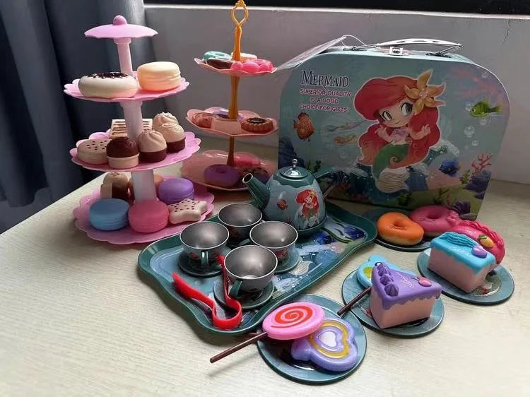 Kids Tea Party Set For Little Girls Mermaid Gift Pretend Toy Tin Tea Set Princess Tea Time Kitchen Pretend Play Tea Set Gift.
