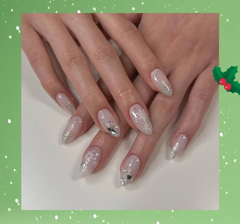 24Pcs Christmas Press on Nails White Snowflake  Fake Nails French Almond Glitter Artificial Nails Full Cover Nail New Year Gifts.