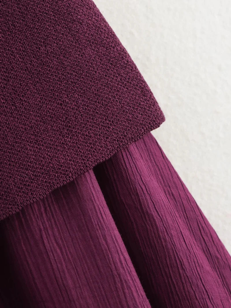 ETJ 2025 spring new  women's elegant fashion same color splicing small pleated hem high waist knit skirt