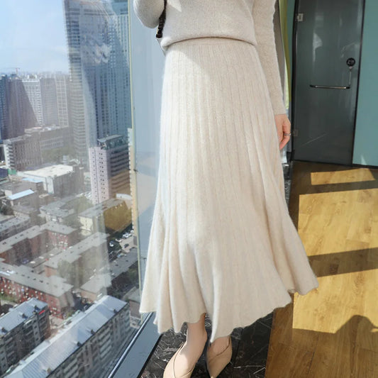 Autumn And Winter Fashion Mink Cashmere Mid Length High Waist Skirt For Women, Knitted Umbrella Skirt, Fashionable Pleated Skirt.