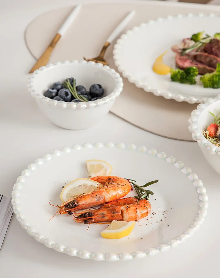 Ceramic Tableware Set Nordic Creative Pearls Beaded Edge Western Food Snack Plate Rice Bowl Soup Bowl Steak Plate Set Kitchen.