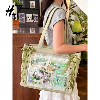 New Versatile Fashion Ribbon Itabag Large Capacity Green Large Food Anime Millet Bag Daily One Shoulder Tote Bag.