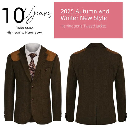 British-style men's suit jacket Houndstooth tweed sports jacket Double-breasted formal jacket    British-Style Men's Suit Jacket.