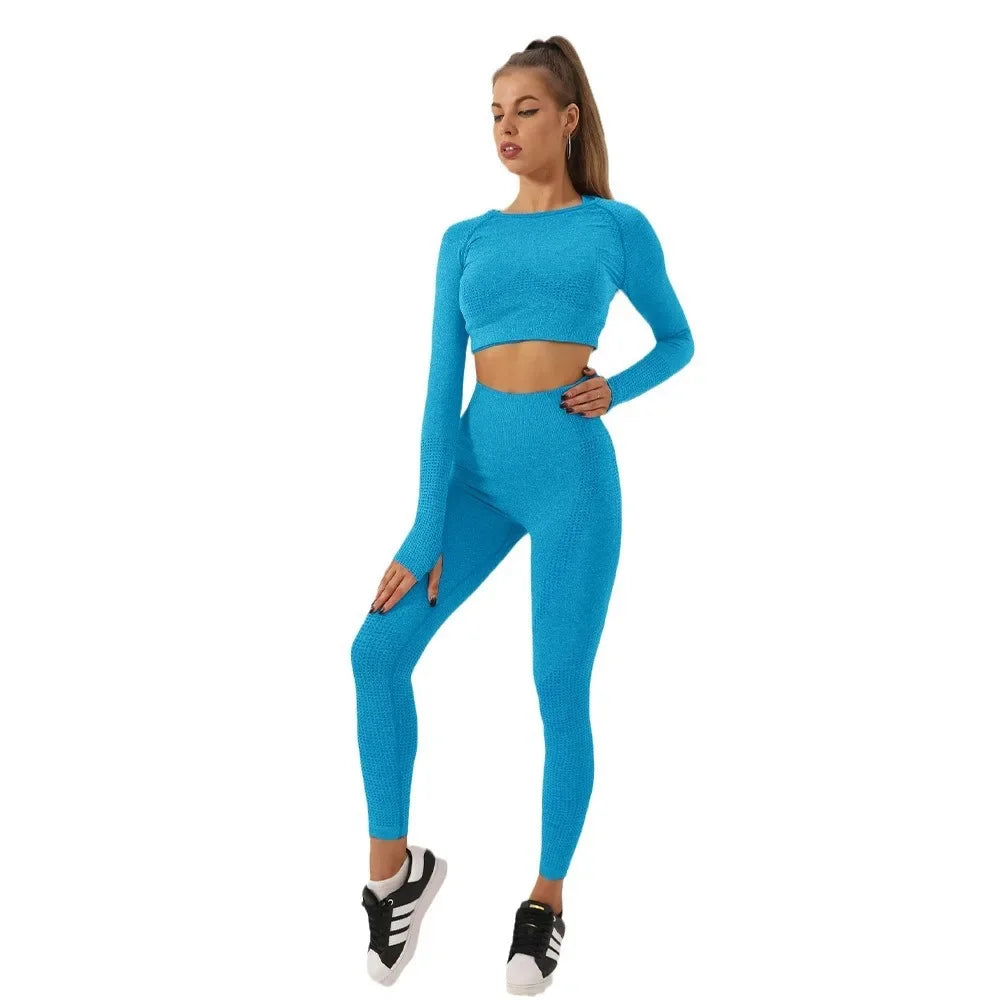 Seamless Yoga Suit Women's Long Sleeve Jacquard Sports High-Waisted Tightening Leggings Fitness Top Origin China.