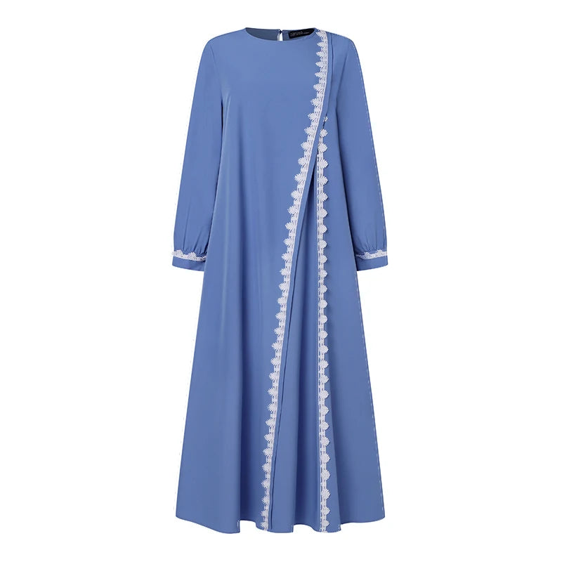 ZANZEA Autumn Women Long Sleeve O Neck Muslim Maxi Dress Kaftan Elegant Lace Crochet Loose Turkey Abaya Vestidos Islamic Dresses