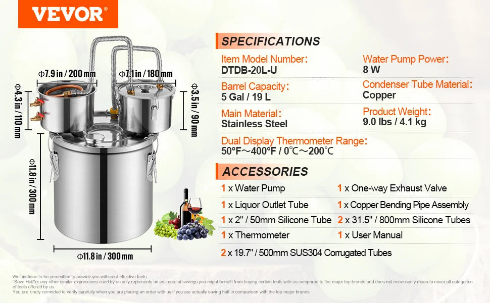 SucceBuy Alcohol Still Stainless Steel Water Alcohol Distiller Fast Cooling Dual Condenser Distiller Kit for Wine Whisky Brandy.