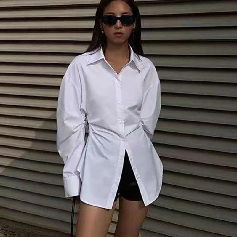 2025 Fashion Slimming Waist White Shirt Women Streetwear Long Sleeve Button Up Blouse Woman Office Turn Down Collar Shirts Top.