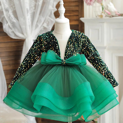 2024 Mädchenkleidung, Pailletten, High-End-Schleife, Puffrock, Kindergeburtstag, Bankett, Abendkleid, 3–10 Jahre alt, Ballettaufführung.