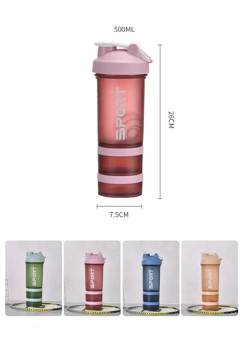 500ML 3-layer Sports Water Protein Powder Shaker Bottle Outdoor Travel Portable Leakproof Drinkware Plastic Drink BPA Free.