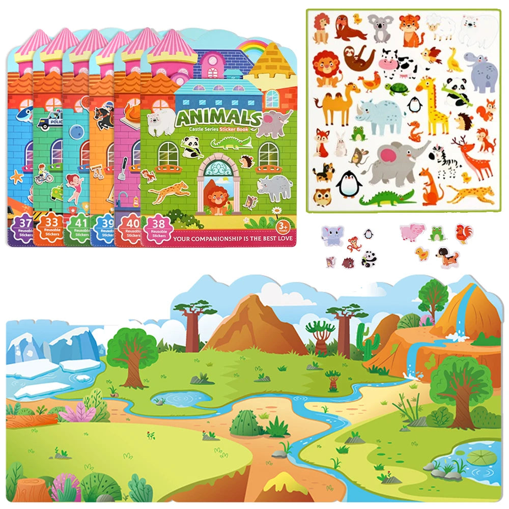 Kids' Reusable Castle Jelly Sticker Book Multi-Theme DIY Creative Jelly Stickers Portable Quiet Busy Book Montessori Sticker Toy.