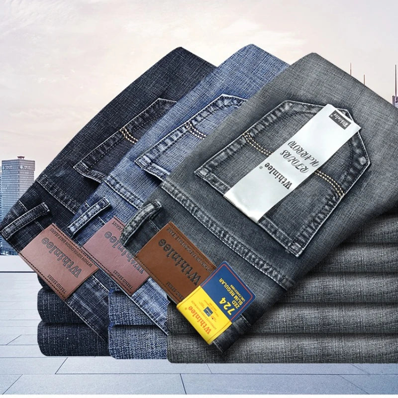 New Business Men's Jeans Casual Straight Stretch Fashion Classic Smoke Gray Blue Black Work Denim Trousers Male Brand Clothing.