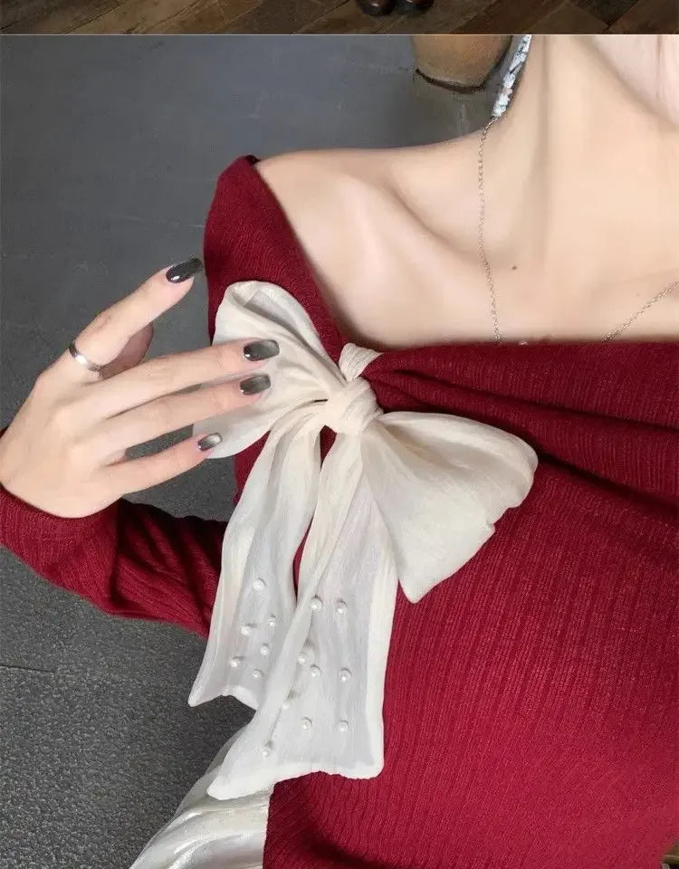 Red One-Shoulder Long-Sleeve Knitted Sweater Women's Spring New Year Slim Fit Short Top Butterfly Knot Decorated Cotton T-shirt