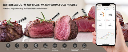 INKBIRD INT-14-BW 3-Mode WiFi/Bluetooth BBQ Thermometer, 4 Wireless Probes, IP67 Waterproof, ±1℃, 25H Battery, Smart App Control.