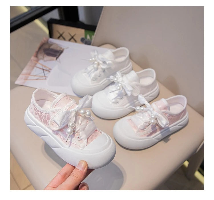 Children’s Casual Sneakers for Girls 2025 Autumn New Toddler Canvas Shoes with Shiny Bow Non-slip Breathable Kid Cotton Sneakers.
