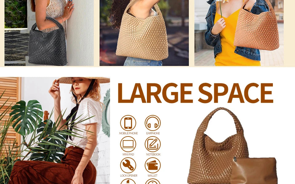 Woven Tote Bag for Women Large Woven Handbag Soft Leather Shoulder Bag Work Shopper Summer Beach Travel Tote Bag with Purse.