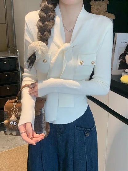 Frauen Frühling Herbst Einfachheit Büro Dame V-ausschnitt Einfarbig Langarm Strickwaren Damen Mode Alle-spiel Temperament Tops.