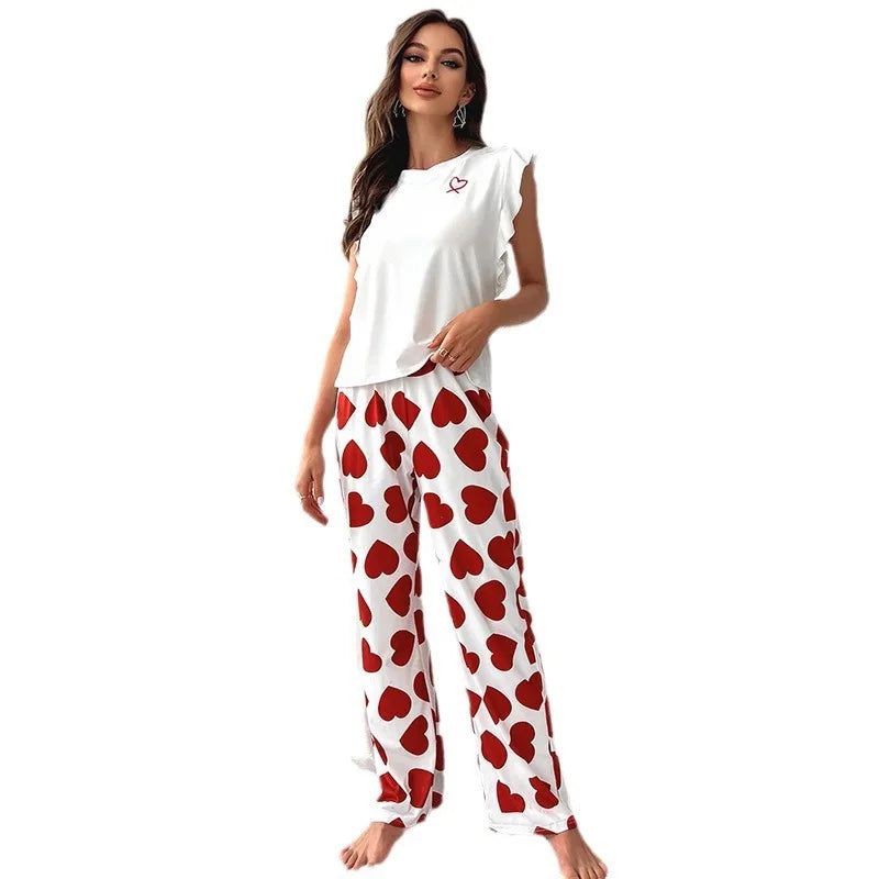 2024 White T-Shirt Women's Pajama Set Sexy Fly Sleeve Vest Pants Sleepwear Heart Print Casual Pyjamas Loungewear Spring 2-piece.