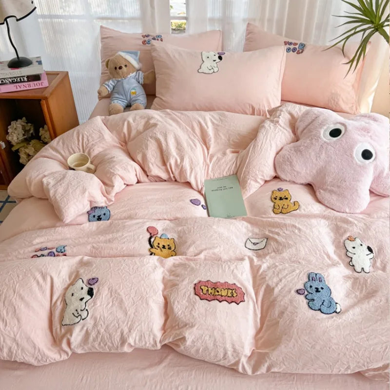 New washed cotton towel embroidery four-piece set animal paradise bed sheet bed hat home student dormitory three-piece set