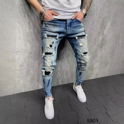 Slim-Fit-Jeans mit zerrissener Knöchelhose für Herren, bemalte Jeans.