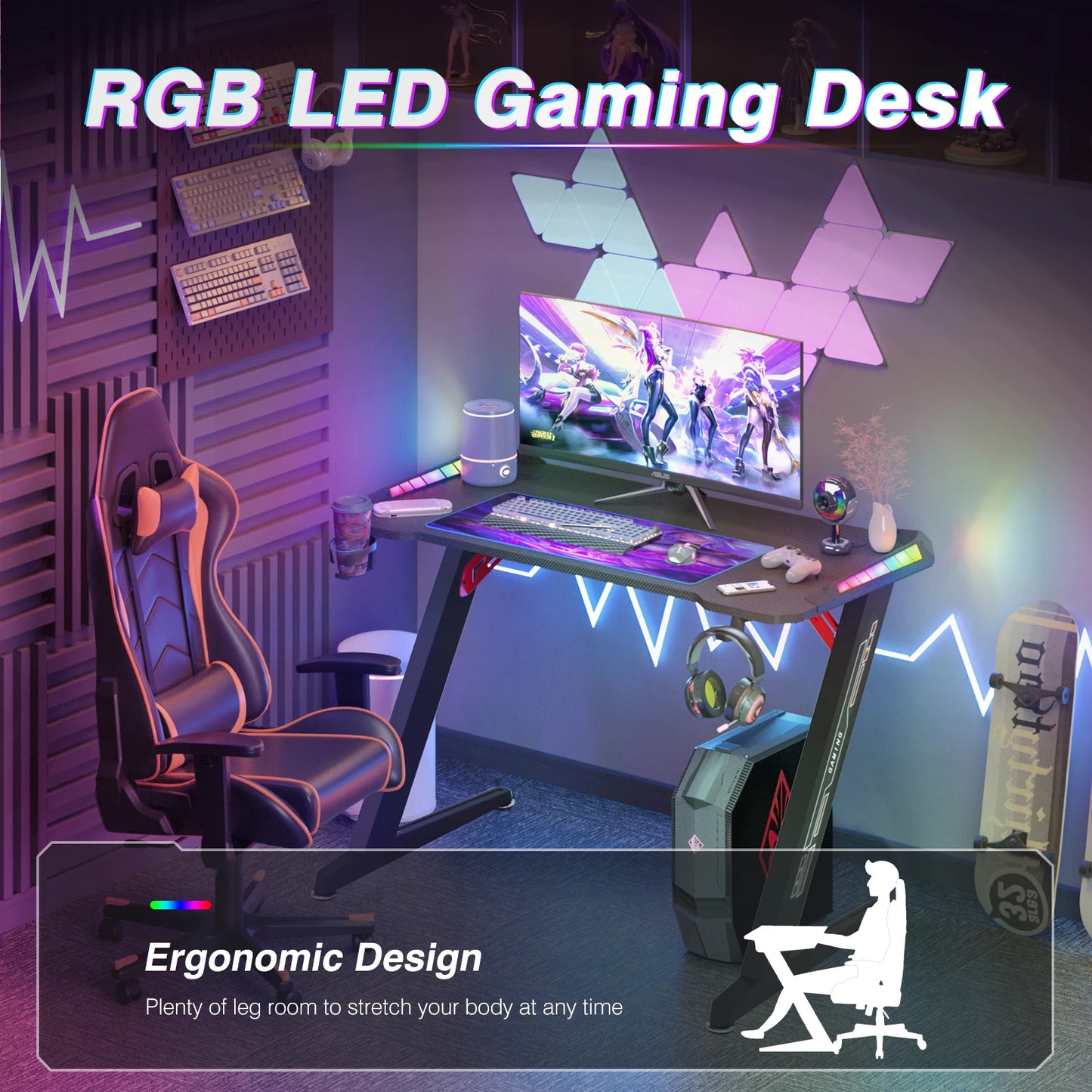 140 cm extra große dynamische RGB-LED-Leuchten, Gaming-Schreibtisch, robust, für Zuhause, Büro, PC, Computertisch, Gamer-Tisch, Metallbeine
