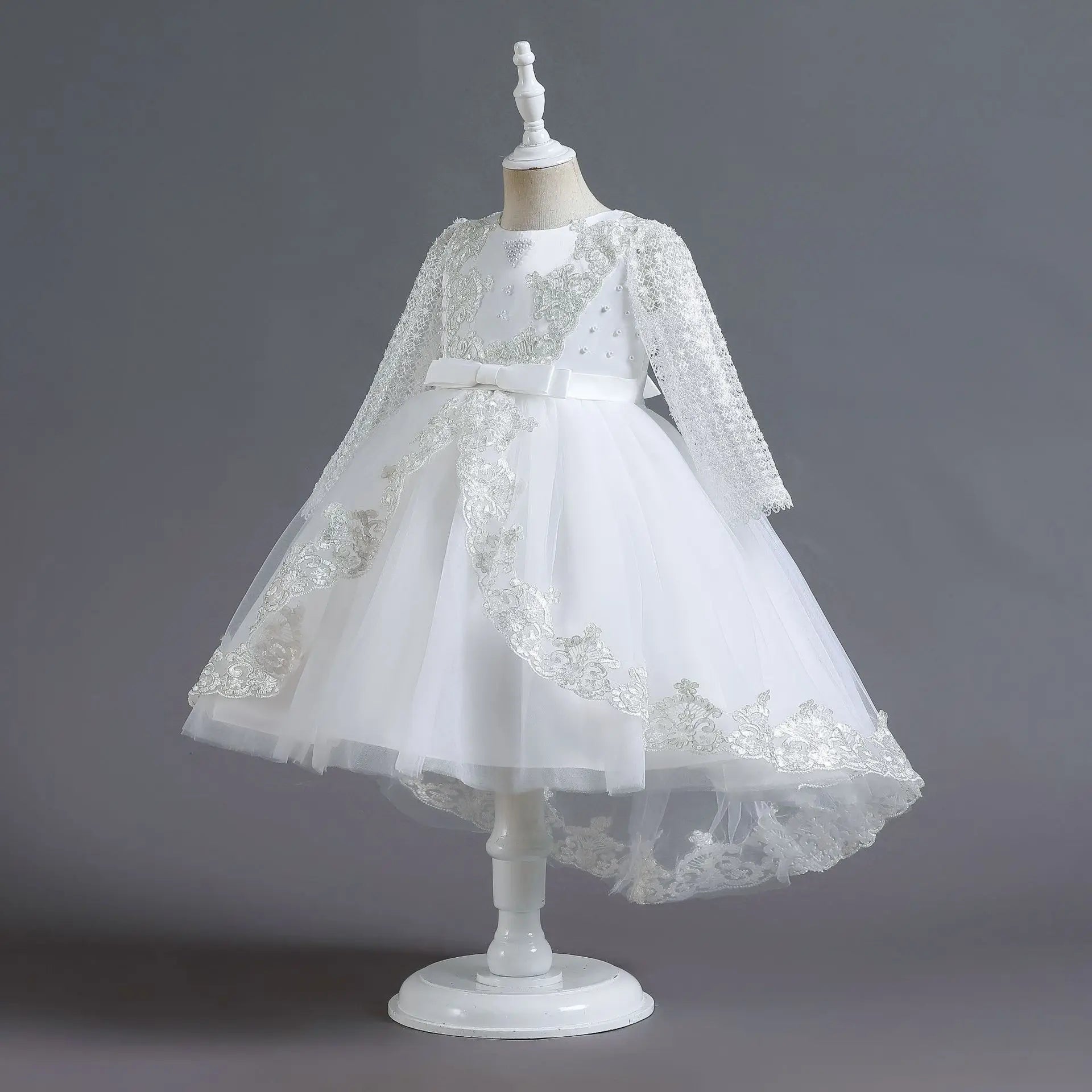 Party-Tüll-Kleider für Mädchen, langärmelig, Spitze, Perlen, nachgestelltes Prinzessinnenkleid für Kinder, Hochzeit, Geburtstag, Performance, Abendkleid.