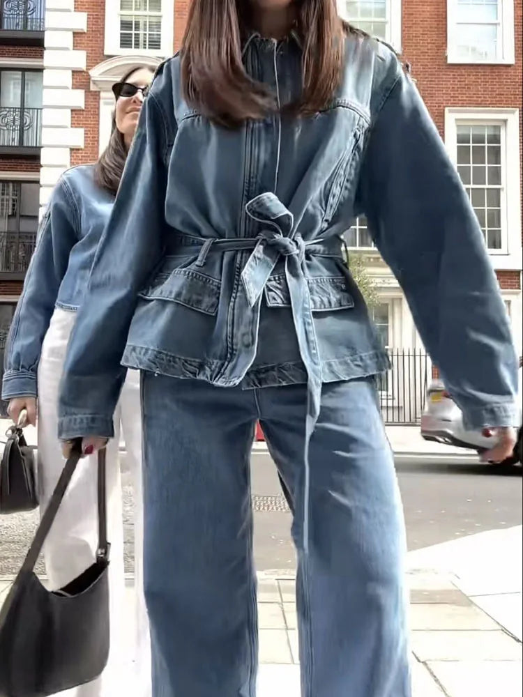 HH Women Denim Pant Sets Turn-Down Collar Long Sleeves Belt Autumn Coats+Pockets Loose High Waist Zipper Hemming Trousers.