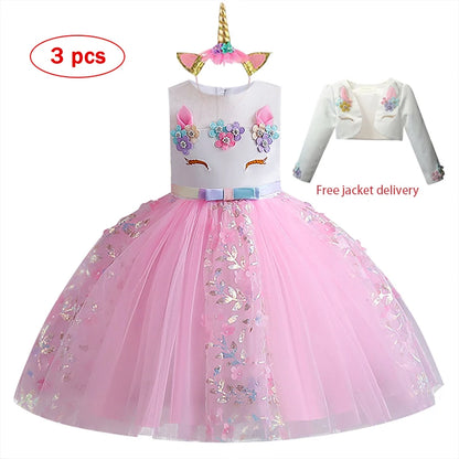 2023 Neues Regenbogen-Einhorn-Kleid für Mädchen, besticktes Tanzkleid, Halloween-Performance-Kleidung, Kinderkleidung, 3–10 Jahre alt