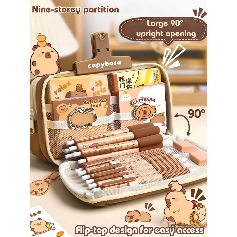 Große Kapazität Bleistift Tasche Capybara Cartoon Leinwand Schreibwaren Halter Tasche Mit Broschen Aufkleber Clips Schlüsselanhänger Kinder Stift Fall.