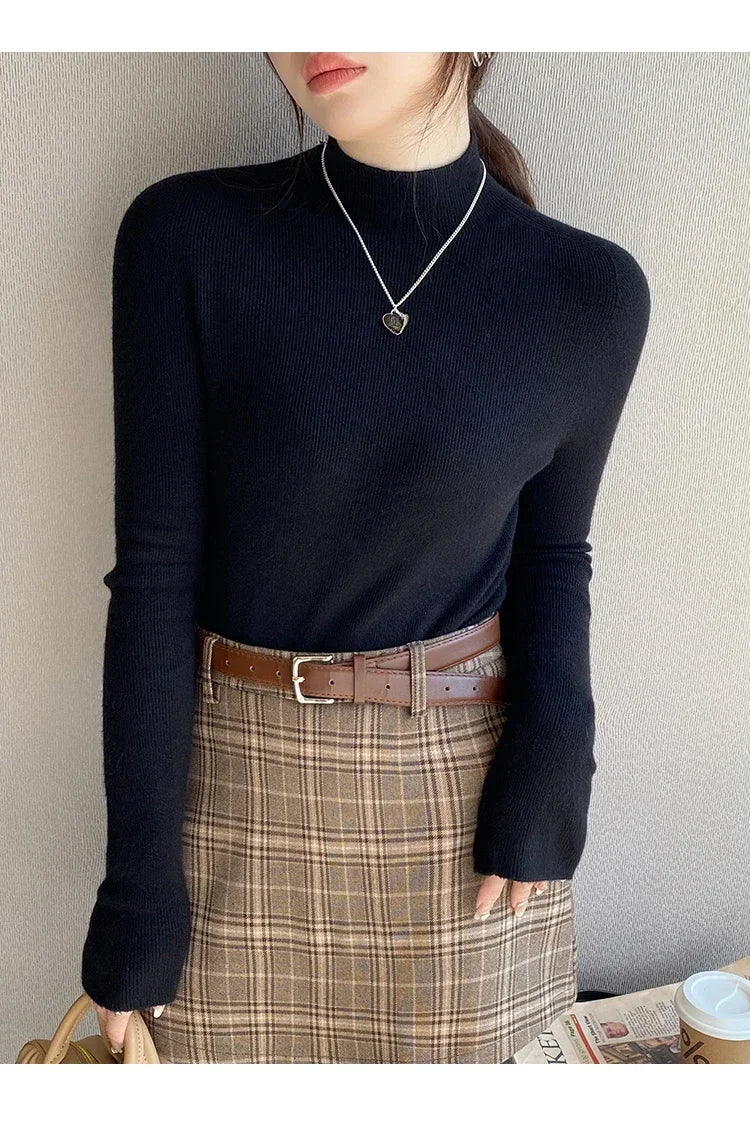 Herbst Winter Pullover Pullover Bodenbildung Shirt Frauen Gestrickte Shirts Weibliche Lange Hülse Mock Neck Elastische Dünne Pullover Stricken Tops.