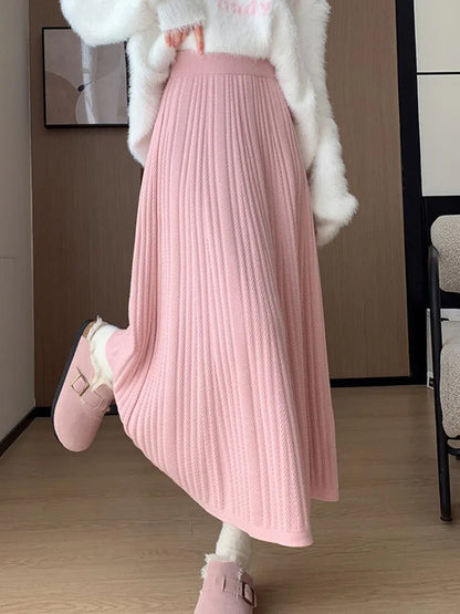 Sweet Vintage Knitted Long Skirts Women Preppy Style High Waist Loose A Line Skirts Fall Winter Retro Simple Elegant Long Skirts.