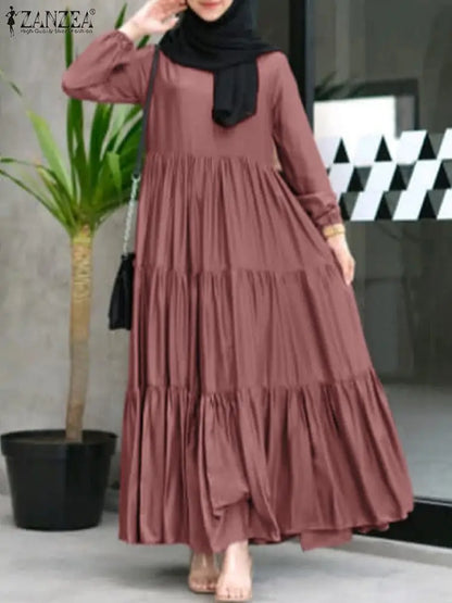 ZANZEA Muslim Fashion Tiered Long Dresses Women Islamic Hijab Style Casual Long Sleeve O Neck Maxi Vestidos Solid Abaya Robes.