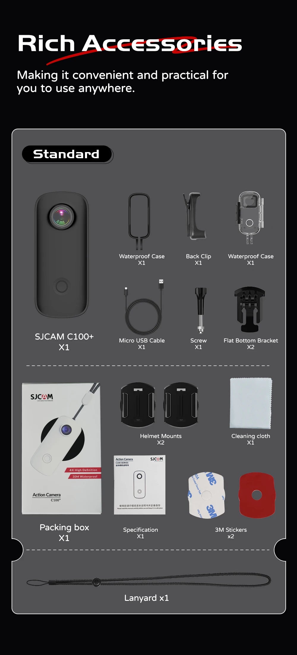 SJCAM C100 Plus Action Cam 4K Electronic Image Stabilization 2.4G WiFi 30M Waterproof With Case Sport Camera Black White