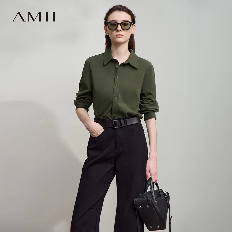 AMII Office Lady Shirt 2025 Autumn New Minimalism thick Long Sleeves Blouse Elastic Cotton Lapel Women's Clothing 12553079.
