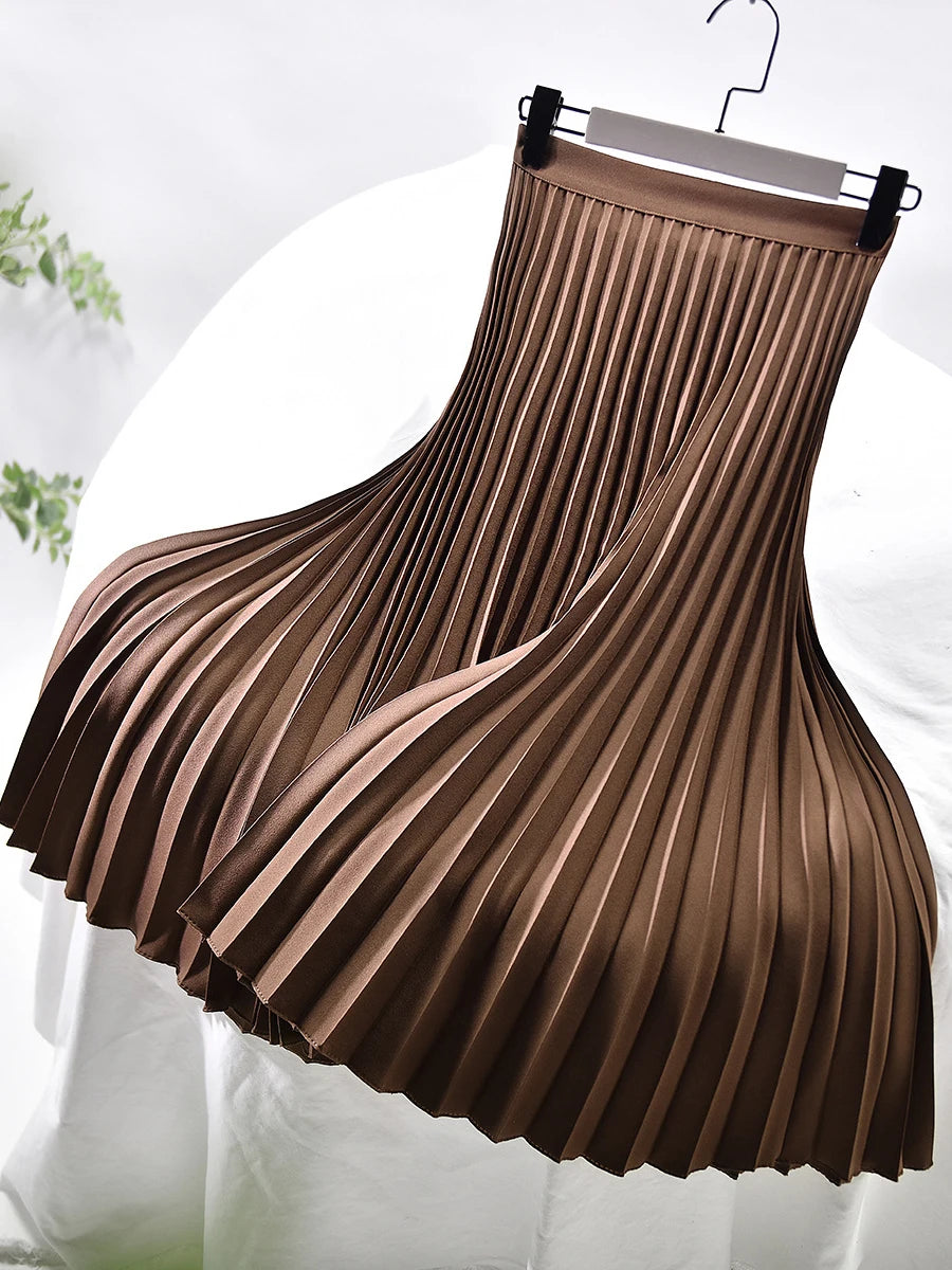 Brand Designer Women Spring Autumn Elegant Chic Solid Pleated Skirt High Waist Luxury Fashion With Elastic Female C-035.