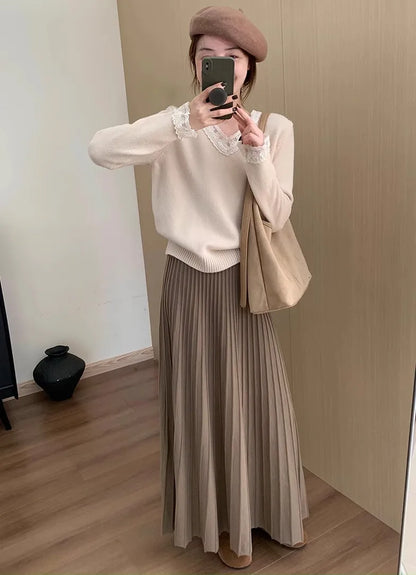 2026 Khaki Cashmere Knitted Midi Skirt for Women, Loose Fit, Draped, Slimming A-Line Pleated Skirt for Autumn and Winter.