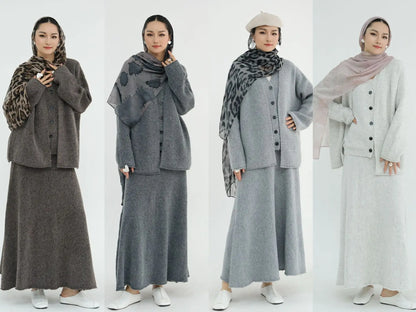 Winter Knitted Wool Cotton 3 Piece Abaya Set + Hijab Daily Thick Warm Modest Muslim Women Islamic Wholesale Suit Abaya.