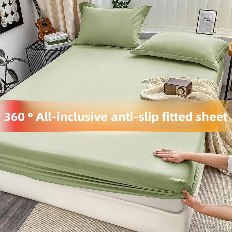1Pc Fitted Bed Sheet With Elastic Band Solid Color Anti-slip Adjustable Mattress Cover for Single Double (No Pillowcase）.