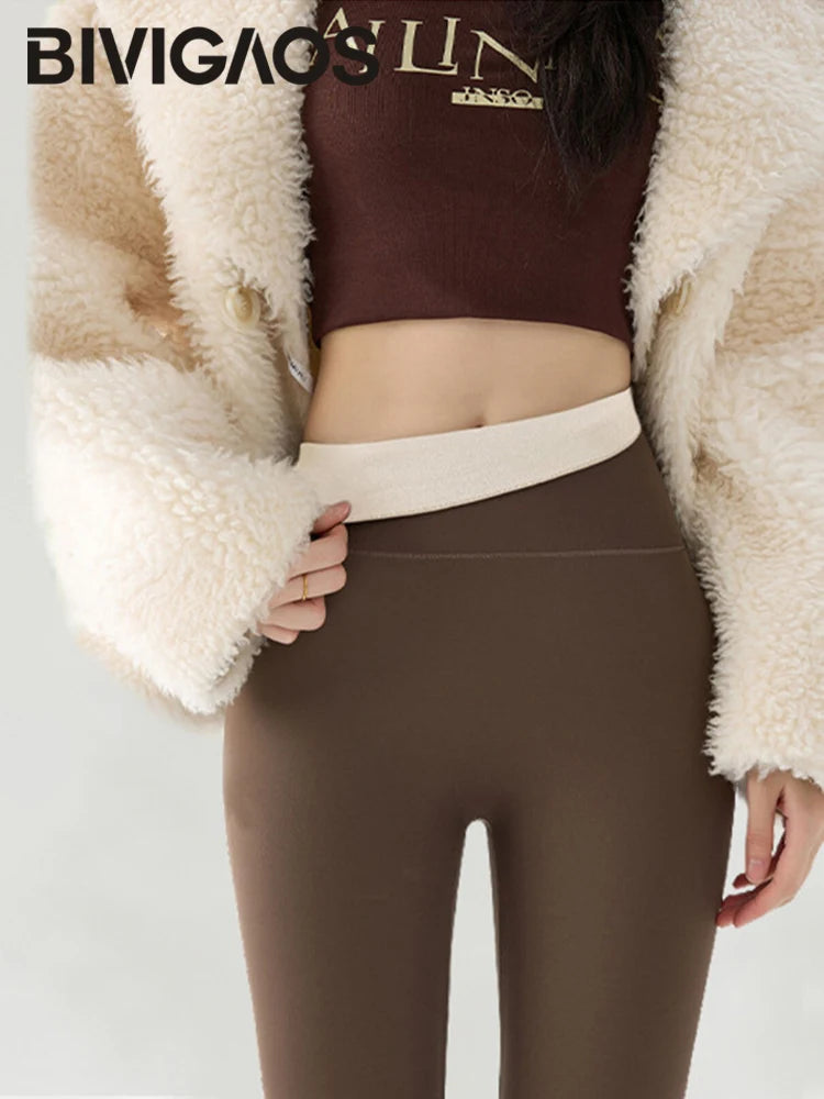 BIVIGAOS New Autumn Winter Cashmere Velvet Shark Leggings Women Red No-trace Thickened High Waist Butt Lifting Warm Leggings.